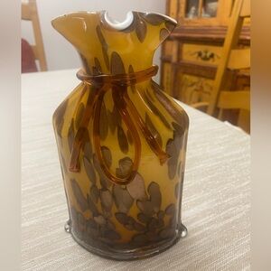 Art Glass Bag Vase With Tie 7” Tall Amber Brown Spotted Design Glossy Finish